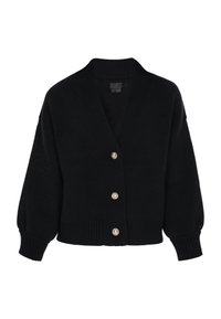 Cardigan nero lavorato a maglia con colletto a scialle, spalle cadenti e polsini a costine. Presenta quattro bottoni dorati sulla parte anteriore.