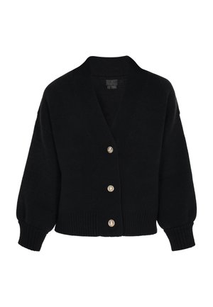 Black knitted cardigan with a shawl collar, drop shoulders, and ribbed cuffs. Features four gold-tone buttons down the front.