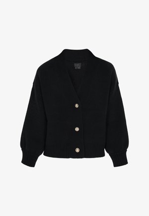 Schwarze Strickjacke mit Schalkragen, überschnittenen Schultern und gerippten Bündchen. Verfügt über vier goldfarbene Knöpfe auf der Vorderseite.