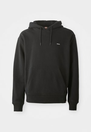 Black pullover hoodie with front kangaroo pocket, drawstring hood, ribbed cuffs and hem, and small brand logo on chest.