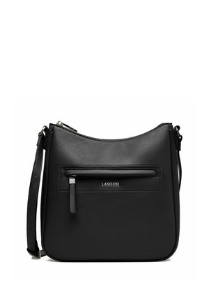 Bolso bandolera de cuero negro con bolsillo frontal con cremallera, correa ajustable y el logo "LASOCKI" centrado debajo de la cremallera.