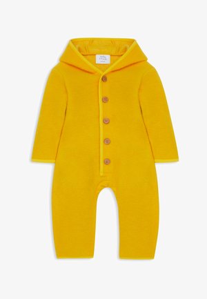 Gelbes Babykleidungsstück aus weichem Material verfügt über eine Kapuze, einen Knopfverschluss und lange Ärmel. Das Design ist schlicht ohne Muster oder Akzente.