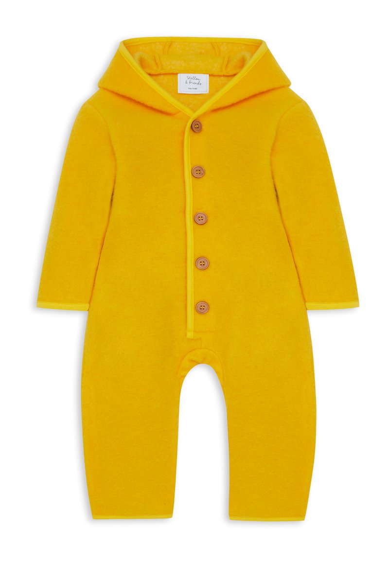 Body neonato giallo realizzato in tessuto morbido, dotato di cappuccio, chiusura a bottoni e maniche lunghe. Il design è semplice, senza fantasie o dettagli decorativi.