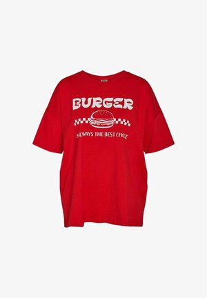 T-shirt rouge en coton à manches courtes, avec le texte blanc « BURGER » et « TOUJOURS LE MEILLEUR CHOIX » ainsi qu'un graphique de hamburger et un motif à carreaux.