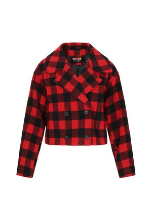 Veste croisée à double boutonnage avec un motif à carreaux rouge et noir, fabriquée en tissu doux, dotée de grands revers et de boutons noirs.