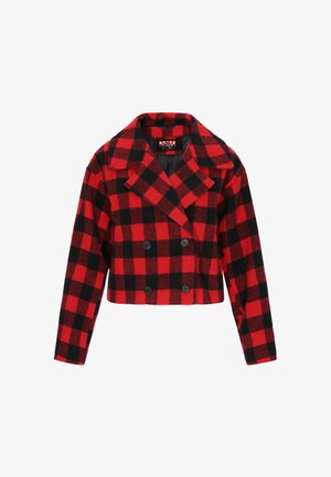 Gekürzte doppelte Jacket mit rot-schwarz kariertem Muster, aus weichem Stoff, mit großen Revers und schwarzen Knöpfen.