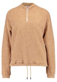 Pull-over en polaire beige avec col montant, fermeture éclair à l'avant et ourlet avec cordon de serrage ajustable. Tissu doux et texturé avec manches longues.