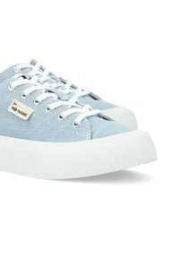 Sneaker in tela azzurro chiaro con suole in gomma bianca, caratterizzate da un motivo cucito, occhielli in metallo e lacci bianchi. L'etichetta riporta "NO NAME."