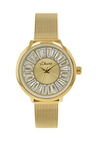Goldfarbene Metalluhr mit einem Mesh-Armband, rundem Zifferblatt und kreisförmiger Anordnung rechteckiger Kristalle. Verfügt über einfache Stunden- und Minutenzeiger.