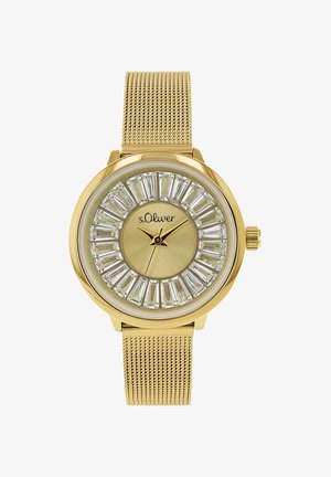 Goldfarbene Metalluhr mit einem Mesh-Armband, rundem Zifferblatt und kreisförmiger Anordnung rechteckiger Kristalle. Verfügt über einfache Stunden- und Minutenzeiger.