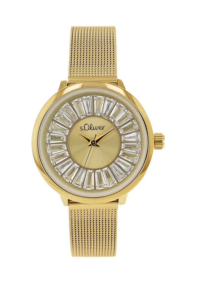 Goldfarbene Metalluhr mit einem Mesh-Armband, rundem Zifferblatt und kreisförmiger Anordnung rechteckiger Kristalle. Verfügt über einfache Stunden- und Minutenzeiger.