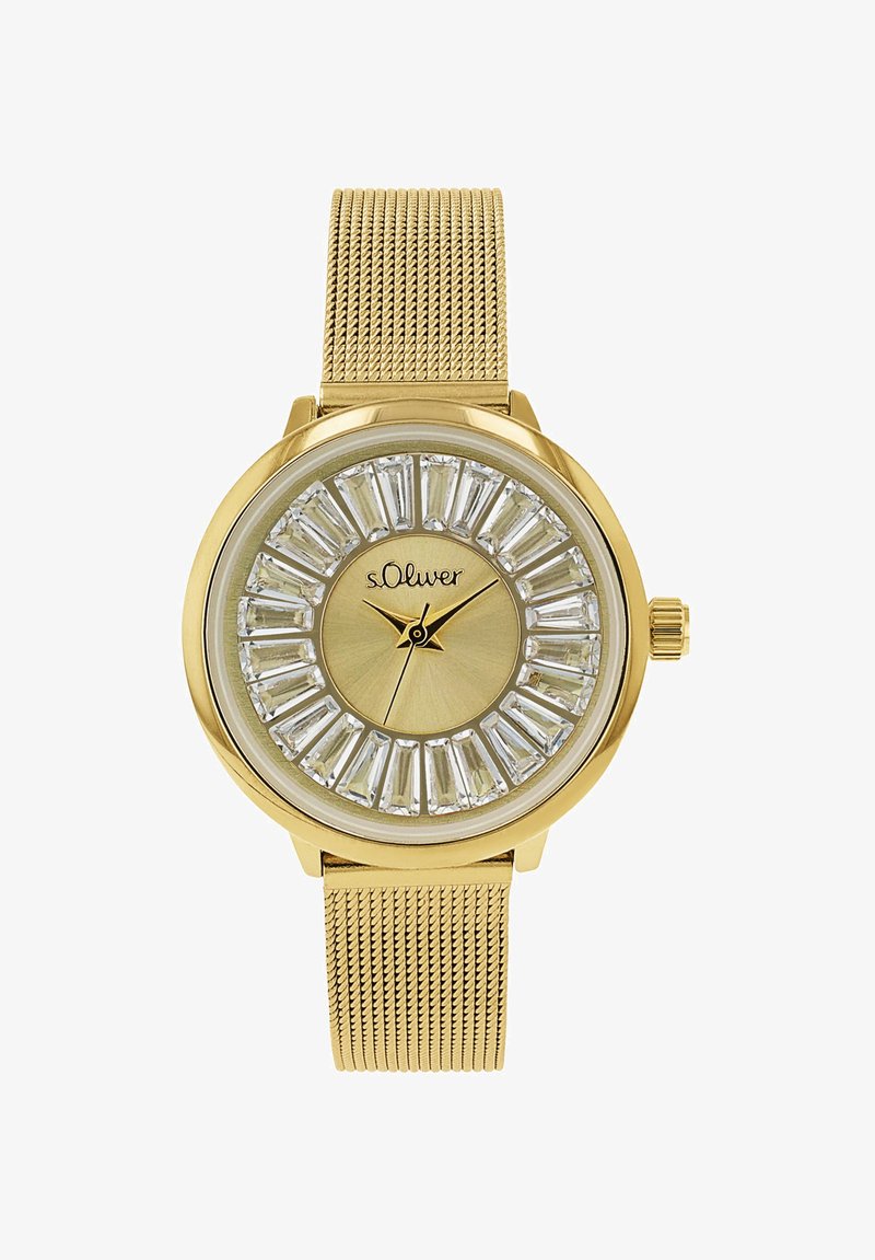 Goudkleurig metalen horloge met een gaasband, ronde wijzerplaat en cirkelvormige schikking van rechthoekige kristallen. Voorzien van eenvoudige uur- en minuutwijzers.