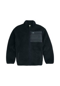 Chaqueta de felpa negra con cremallera frontal completa, dos bolsillos laterales y un bolsillo en el pecho con cremallera con un diseño en el lado izquierdo.
