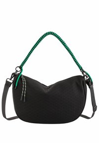 Czarna torebka z teksturą plastra miodu, z zielono-czarnym paskiem, z zapięciem na zamek błyskawiczny oraz regulowanym paskiem na ramię.