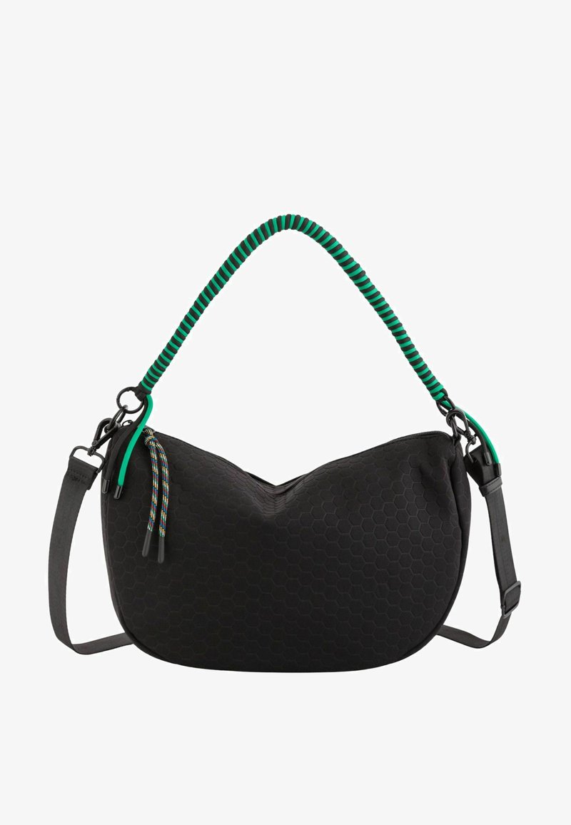 Czarna torebka z teksturą plastra miodu, z zielono-czarnym paskiem, z zapięciem na zamek błyskawiczny oraz regulowanym paskiem na ramię.