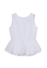 Top bianco senza maniche con scollatura rotonda, caratterizzato da un orlo arricciato. Realizzato in un tessuto liscio con un design semplice.