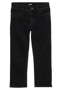 Černé rovné džíny s předními kapsami, poutky na opasek a zapínáním na knoflík, se štítkem "Molo" uvnitř pasu.