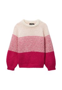 Pull en tricot à encolure ronde, avec des blocs de couleurs rose et rose clair, un motif texturé, et des bords à côtes aux poignets et à l'ourlet.