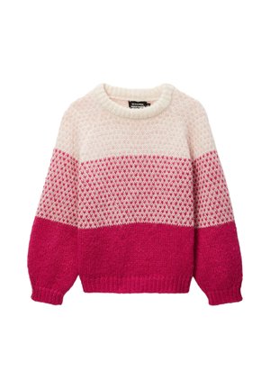 Pull en tricot à encolure ronde, avec des blocs de couleurs rose et rose clair, un motif texturé, et des bords à côtes aux poignets et à l'ourlet.
