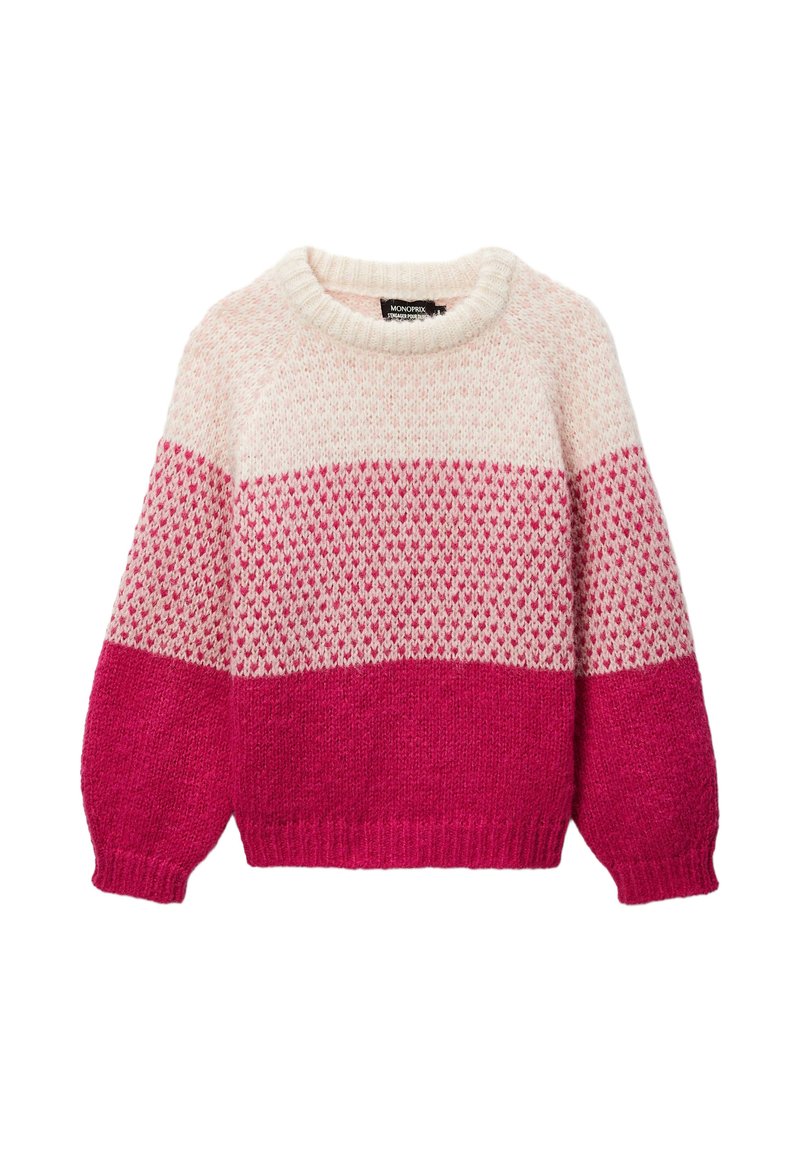 Pull en tricot à encolure ronde, avec des blocs de couleurs rose et rose clair, un motif texturé, et des bords à côtes aux poignets et à l'ourlet.