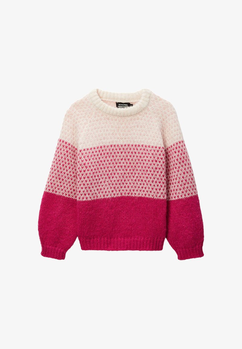 Pull en tricot à encolure ronde, avec des blocs de couleurs rose et rose clair, un motif texturé, et des bords à côtes aux poignets et à l'ourlet.