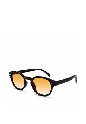 Black-framed sunglasses with round orange gradient lenses shown on a white background at a slight angle.