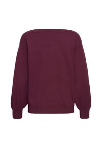 Pull bordeaux à manches longues avec un large col et des poignets et un bas côtelés, montré de dos sur fond blanc.