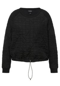 Sudadera acolchada negra con mangas largas, escote redondo y dobladillo ajustable con cordón. Presenta un patrón texturizado y puños de canalé.