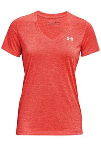 Red athletic t-shirt made of textured fabric. Features a V-neck design and short sleeves. Includes a small white logo on the chest.