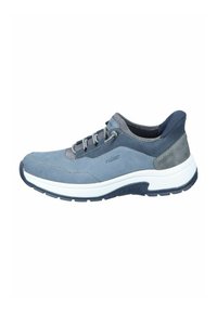 Light blue athletic shoe made of suede and synthetic material, featuring a white midsole, dark blue outsole, and gray accents.
