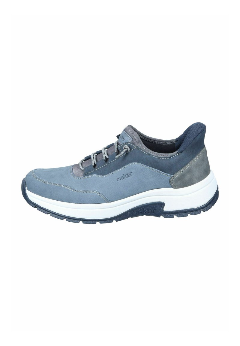 Light blue athletic shoe made of suede and synthetic material, featuring a white midsole, dark blue outsole, and gray accents.
