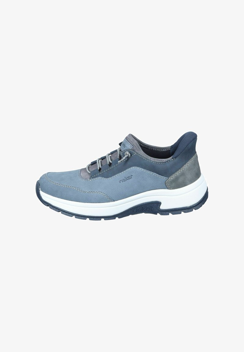 Light blue athletic shoe made of suede and synthetic material, featuring a white midsole, dark blue outsole, and gray accents.