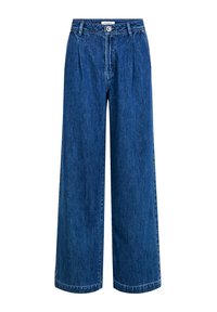 Vide benedressbukser i dyb blå. Har høj talje, frontfolder og klassisk knaplukning. Lavet af tekstureret denimstof.