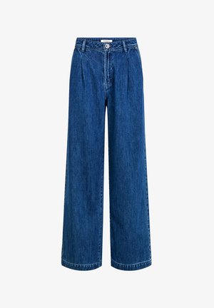 Weite Denim-Hosen in Dunkelblau. Mit hoher Taille, vorderen Falten und einem klassischen Knopfverschluss. Aus strukturiertem Denim-Stoff gefertigt.