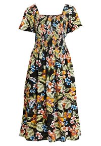 Kwiatowa sukienka z kwadratowym dekoltem, krótkimi rękawami, marszczonym ciałem i pełną spódnicą. Posiada wielokolorowe kwiaty na czarnym tle.