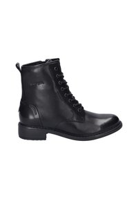 Bottines en cuir noir avec une texture lisse, dotées d'un laçage, d'un bout rond et d'un petit talon carré. Accentuée d'une languette à l'arrière.