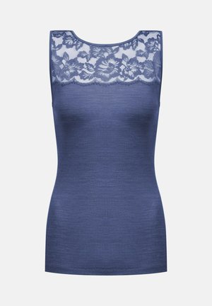 Navyblauw tanktop met een kanten paneel bij de halslijn, geribbelde textuur en een aansluitende silhouet. Soepele stof met een gekartelde randafwerking.