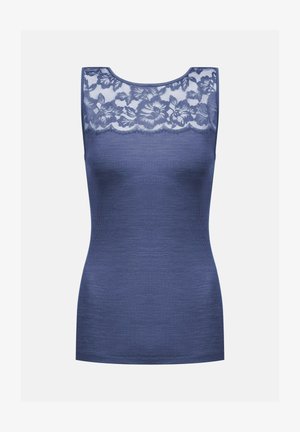 Navy blue tank top featuring a lace panel at the neckline, ribbed texture, and a fitted silhouette. Smooth fabric with scalloped edge detail.