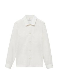 White long-sleeve button-up shirt made of lightweight fabric featuring two chest pockets and a classic collar with button details.