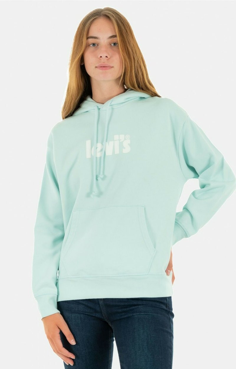 Felpa verde menta realizzata in tessuto morbido, con tasca frontale, cappuccio regolabile e grande logo bianco di Levi's sul petto.