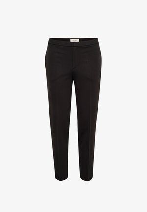 Pantaloni negri, croiți pe corp, cu un fit slim, textură netedă, talie medie și design minimalist. Potriviți atât pentru ocazii formale, cât și pentru ținute casual.