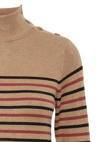 Pull à col roulé beige avec des rayures horizontales noires et rouge foncé ainsi que des boutons marron le long de la couture de l'épaule.