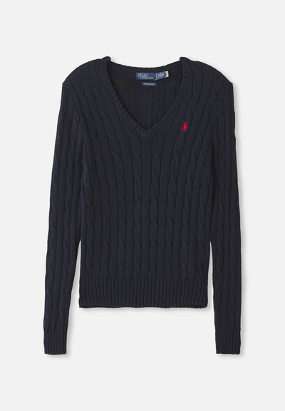 Navy knitted sweater with a V-neck, featuring cable knit texture, ribbed cuffs and hem, and a small red logo on the chest.
