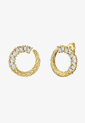 Zlatne hoop naušnice sa zigzag teksturom, koje imaju red pravokutnih prozirnih kamena na vrhu. Okrugli oblik, polirana završna obrada.