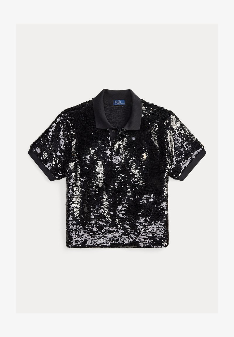 Black and silver sequin polo shirt featuring a black collar and short sleeves, with a logo on the left chest. Sparkly texture throughout.