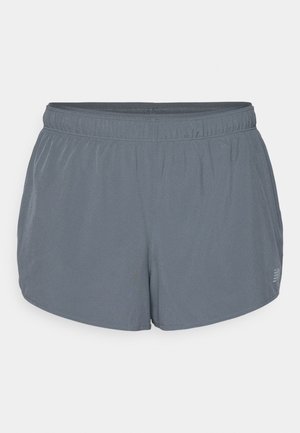 Gray athletic shorts with a soft texture, elastic waistband, and a slightly curved hem. Features small perforations for breathability.