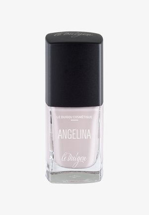 Nagellackflasche mit klarem Glasboden und hellrosa Lack; verfügt über eine matte schwarze Kappe und weißen Text mit der Aufschrift "ANGELINA" und "le Duigou".