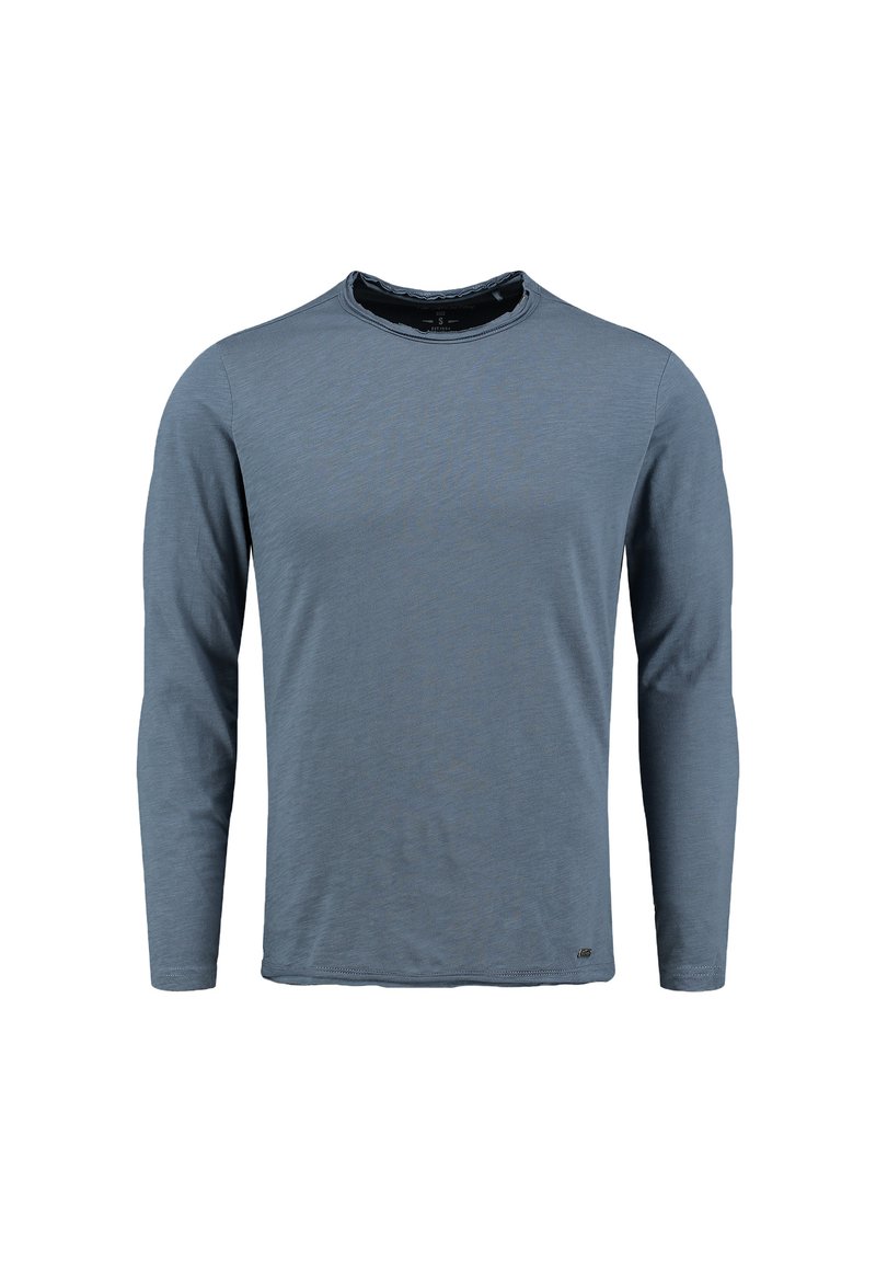 Koszula z długim rękawem w jasnoniebieskim kolorze, wykonana z miękkiego, teksturowanego materiału. Posiada okrągły dekolt i małe logo blisko dolnego brzegu.