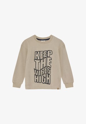 Sweat-shirt en tissu beige avec un grand texte graphique « KEEP THE VIBES HIGH » en noir. Manches longues et encolure ronde.