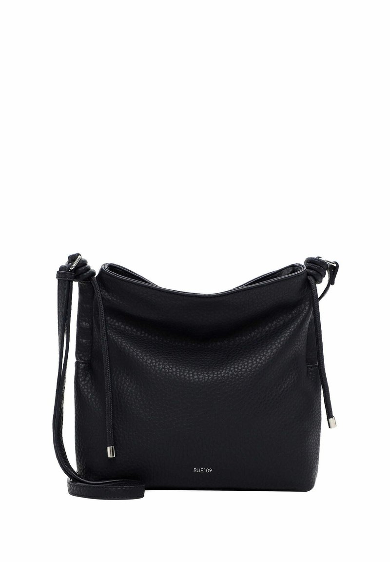 Sac à main en cuir noir avec une texture grainée, fermeture à cordon, bandoulière réglable et petit détail en métal argenté.